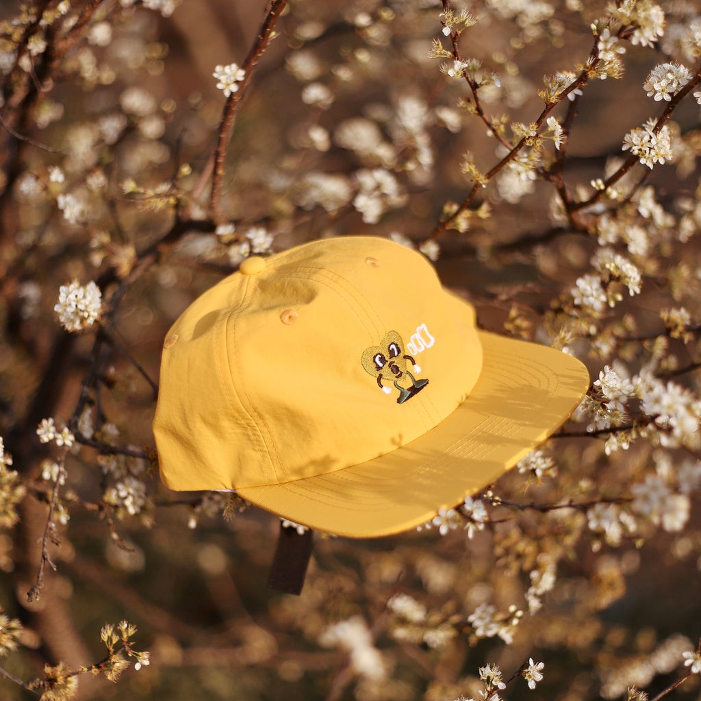 A Bluetile Skateboards yellow hat, made of Bluetile Smoke Squares Nylon 6 Panel Yellow, is sitting on a branch in a tree.