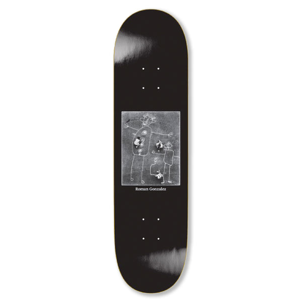 A black POLAR skateboard with a picture of people on it.