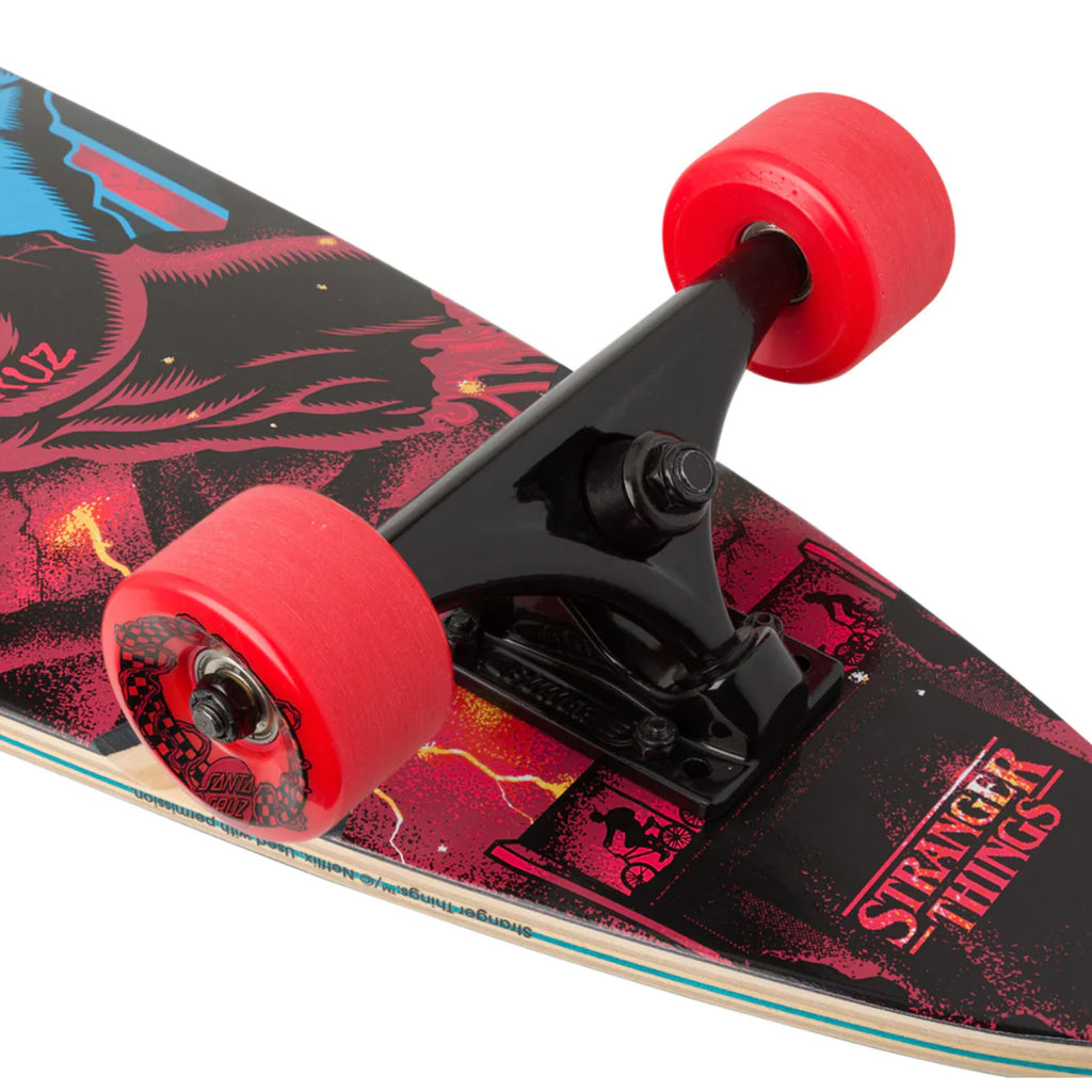 A SANTA CRUZ X STRANGER THINGS SCREAMING HAND PINTAIL CRUISER skateboard with a red wheel.