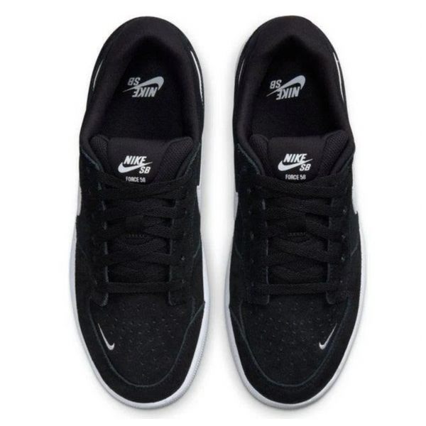 The NIKE SB FORCE 58 BLACK / WHITE sneakers offer a stylish look with white soles and the iconic Nike logo on the tongue and inner sole, designed for skateboarding. Reflecting Columbia, SC's vibrant energy, these sneakers excel in both style and performance.