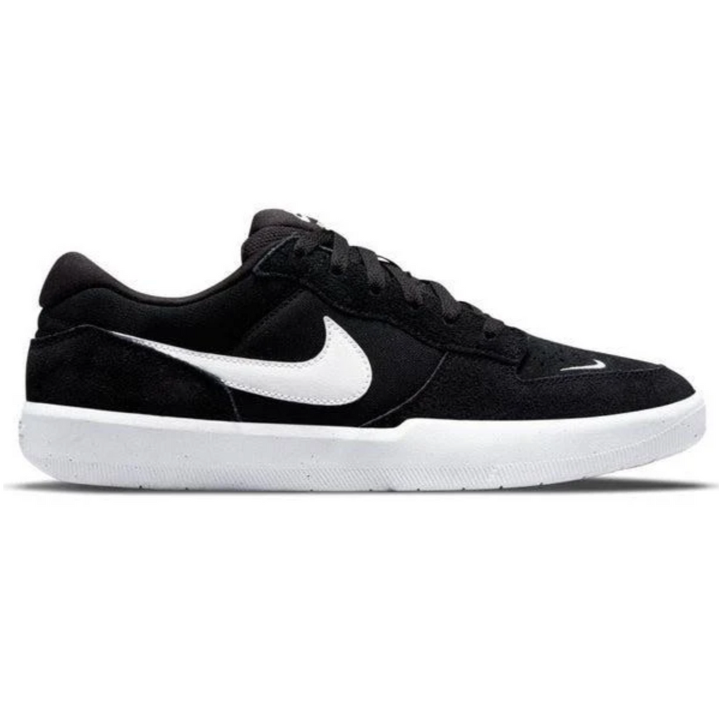 The NIKE SB FORCE 58 BLACK / WHITE sneaker by Nike, featuring a bold white swoosh on the side, is ideal for skateboarders in Columbia, SC.