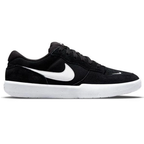 The NIKE SB FORCE 58 BLACK / WHITE sneaker by Nike, featuring a bold white swoosh on the side, is ideal for skateboarders in Columbia, SC.