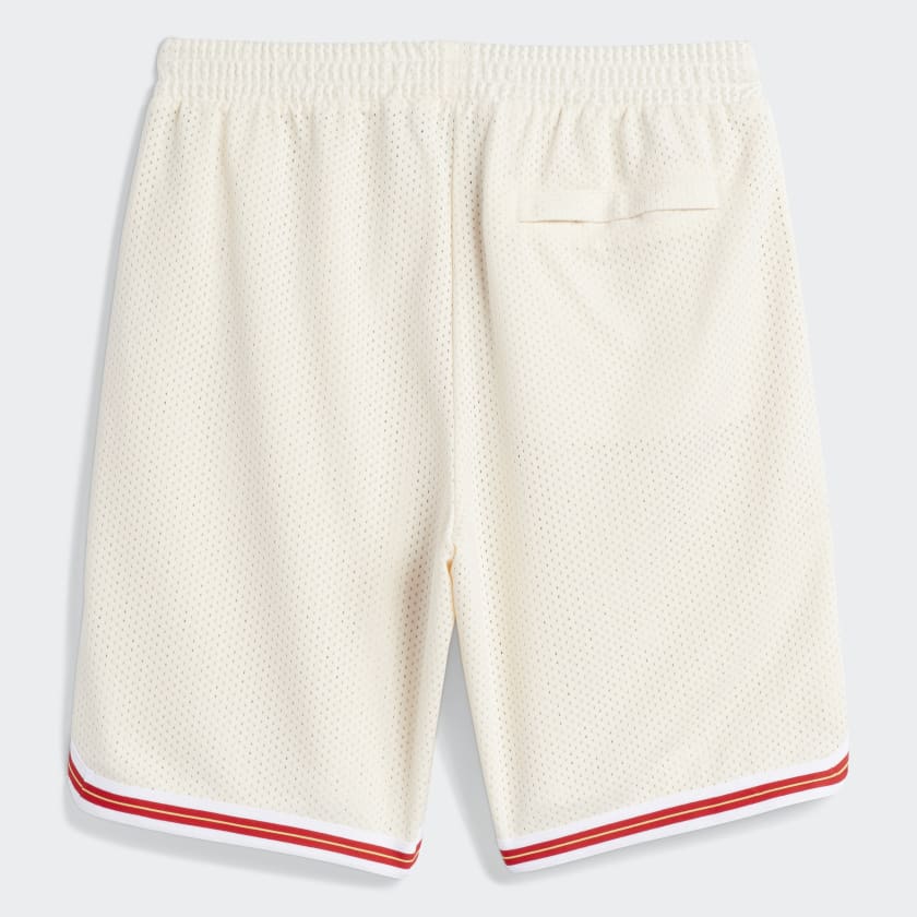ADIDAS TYSHAWN B BALL SHORTS WHITE / SCARLET with a red stripe on the side.