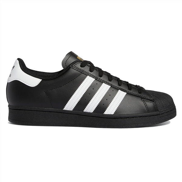 A pair of black and white Adidas Superstar ADV Core Black/Flat White sneakers on a white background.