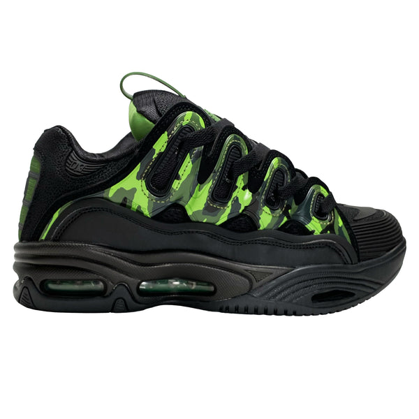 A pair of black and green OSIRIS D3 2001 BRIGADE sneakers.