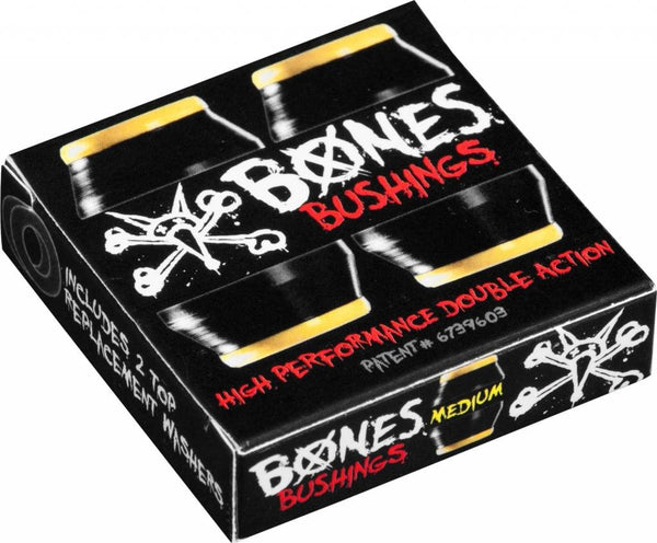 BONES HARDCORE BUSHINGS MEDIUM BLACK/YELLOW, manufactured by BONES, are high performance double rotors designed specifically for medium and hardcore skateboarders.