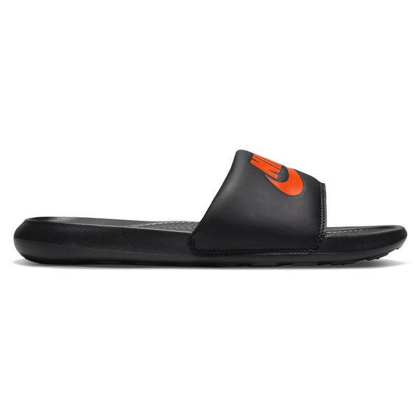 A pair of black and orange Nike SB Victor One slides.