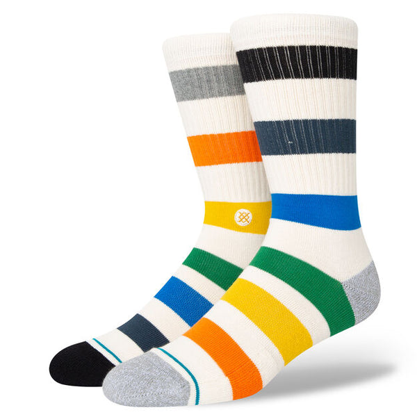 A pair of STANCE socks with multi-colored stripes.