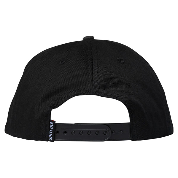 A SPITFIRE black snapback hat with a black strap.