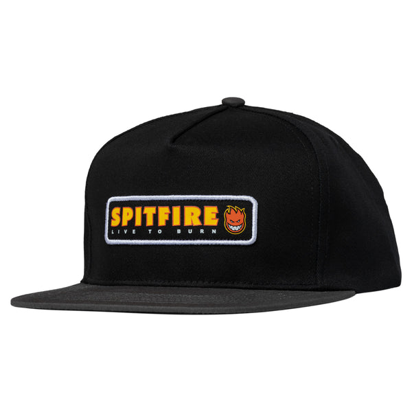 This SPITFIRE LTB PATCH SNAPBACK BLACK / CHARCOAL hat features the word "spitfire" embroidered on it, made from cotton twill material.