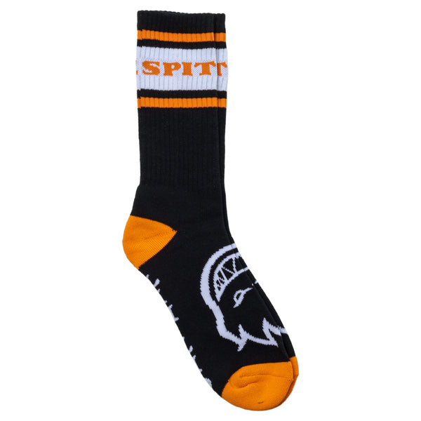 A black and orange SPITFIRE CLASSIC '87 BIGHEAD SOCK with the word spitfire on it.