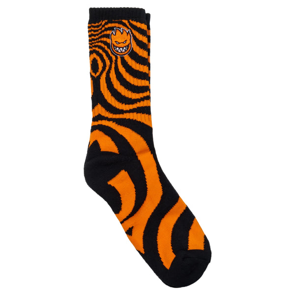 An SPITFIRE over-the-calf sock with black and orange stripes.