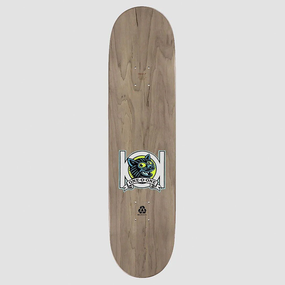The POPWAR 101 NATAS PANTHER POPSICLE HEAT TRANSFER is a wooden skateboard deck with a natural finish, featuring a green panther graphic and "ONE-ON-ONE" text in the center, highlighted by striking heat transfer details.