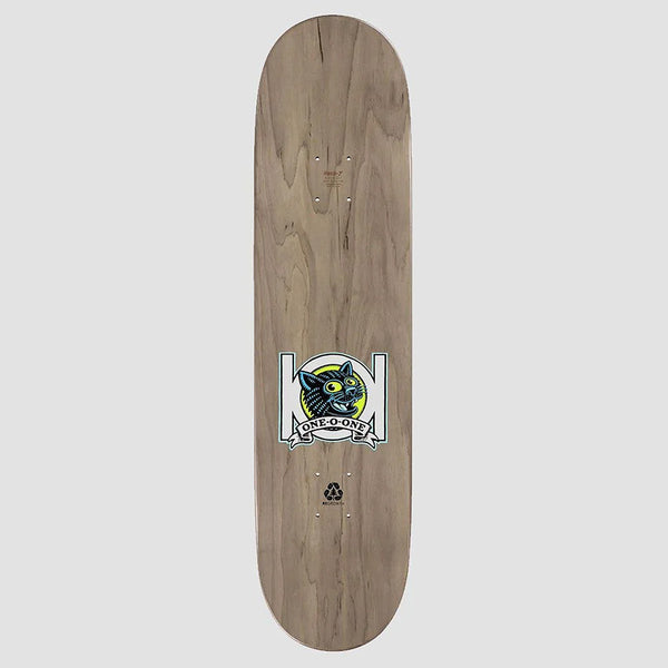 The POPWAR 101 NATAS PANTHER POPSICLE HEAT TRANSFER is a wooden skateboard deck with a natural finish, featuring a green panther graphic and "ONE-ON-ONE" text in the center, highlighted by striking heat transfer details.