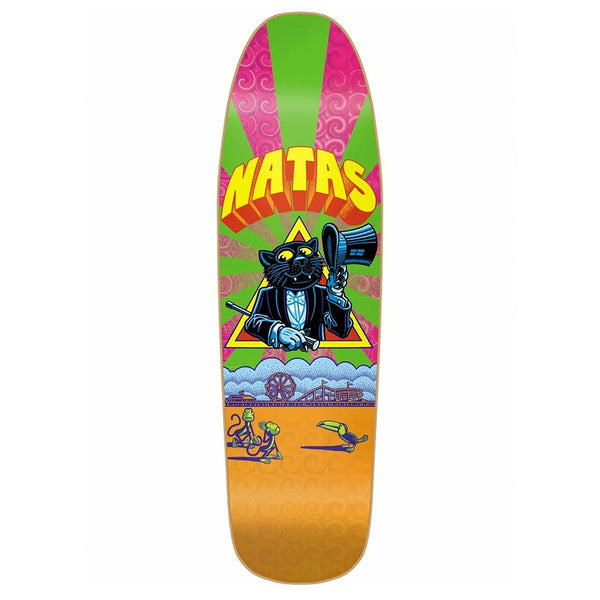 The POPWAR 101 NATAS PANTHER REISSUE HEAT TRANSFER is an 8.25" North American Maple skateboard deck with "NATAS" in yellow, featuring a tuxedo cat holding a top hat on a vibrant background with smaller figures below.