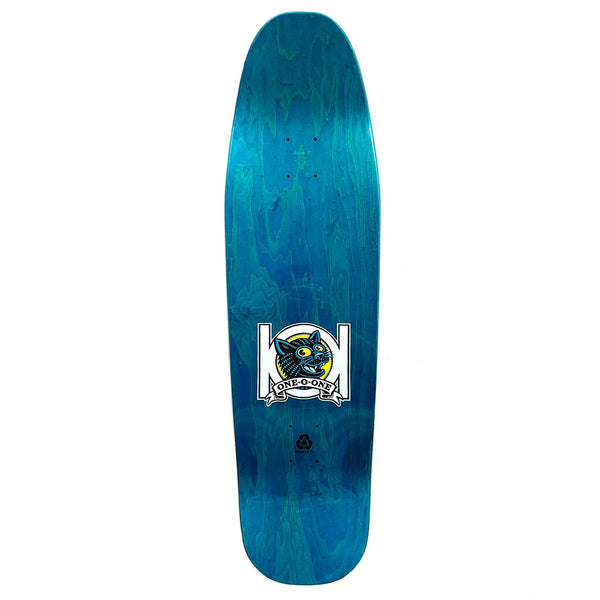 The POPWAR 101 NATAS PANTHER REISSUE HEAT TRANSFER is a blue North American Maple skateboard deck, featuring a stylized cat face graphic and "ONE O ONE" text at the center.