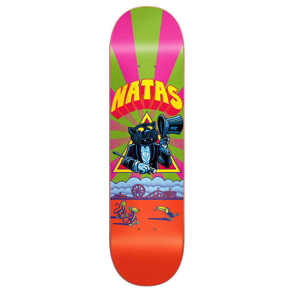 The POPWAR 101 NATAS PANTHER POPSICLE HEAT TRANSFER deck features Marc McKee's vibrant art of a tuxedo cat with a hat and cane, "NATAS" above, and skaters below, applied using heat transfer.