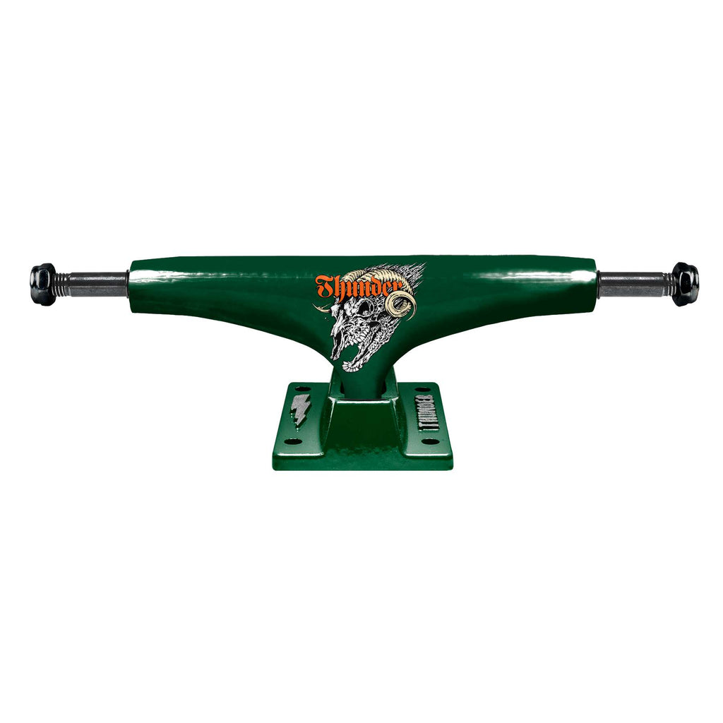 The THUNDER TRUCKS TEAM HOLLOW SCREAMING SHADOWHORN 147 (set of two) by THUNDER features hollow axles, bold front-view graphic detailing, and a striking green design.