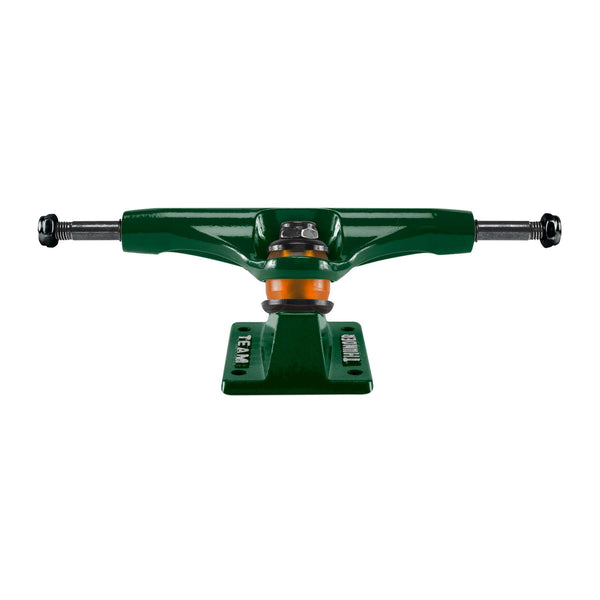 The THUNDER TRUCKS TEAM HOLLOW SCREAMING SHADOWHORN 147 (set of two) skateboard trucks feature hollow axles and orange bushings, shown from the front against a white background.