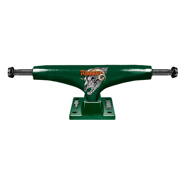 The THUNDER TRUCKS TEAM HOLLOW SCREAMING SHADOWHORN 147 (set of two) by THUNDER features hollow axles, bold front-view graphic detailing, and a striking green design.