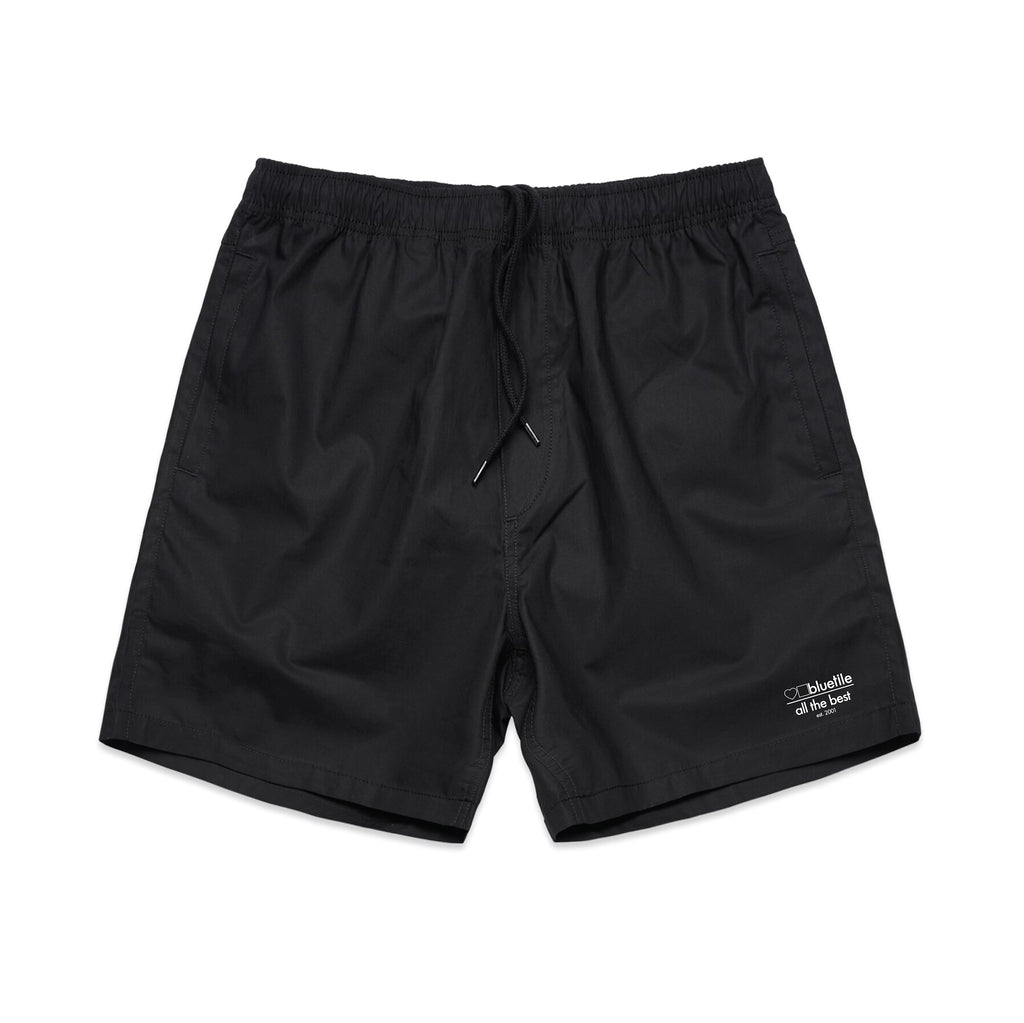 A BLUETILE SURPLUS V2 BEACH SHORT BLACK with a white logo on the side.