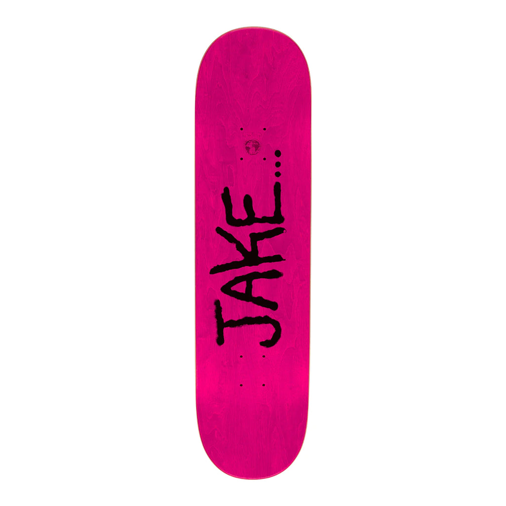 A pink skateboard with the word "Jake" on it, featuring various stains and a FUCKING AWESOME ANDERSON CLASS PHOTO pro board.