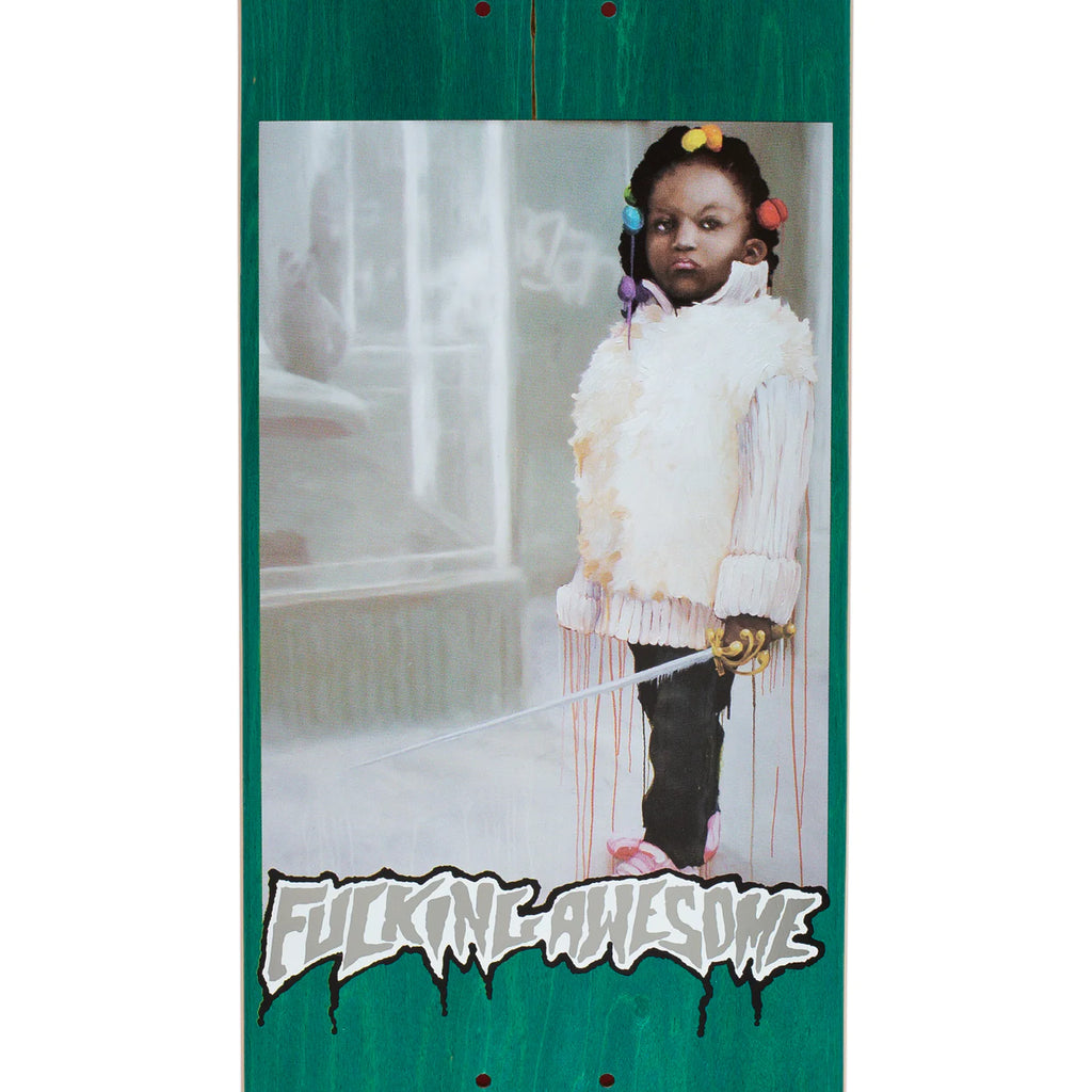 A FUCKING AWESOME skateboard with a picture of Beatrice Domond holding a sword.