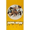 A yellow skateboard with a FUCKING AWESOME LOUIE SCORPION image of a cowboy riding a horse.