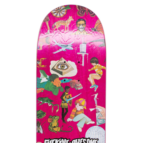 A pink skateboard with digital print stickers of the FUCKING AWESOME SOCIAL STUDIES brand on it.