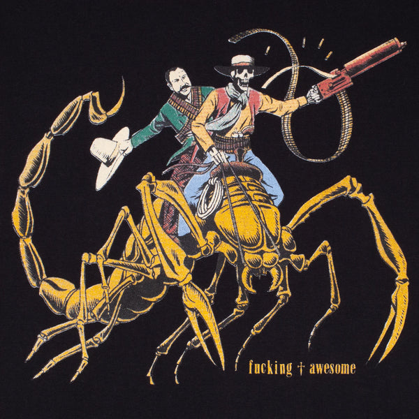 A FUCKING AWESOME SCORPION TEE BLACK by FUCKING AWESOME, with two men riding a scorpion, showcasing a fucking awesome design.