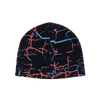A black and blue HOCKEY NIKITA beanie with a red and blue print.