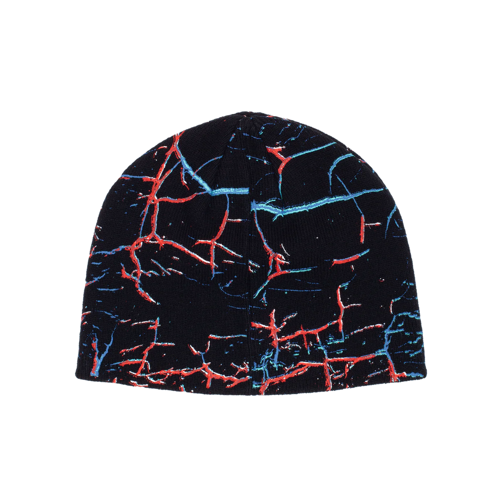 A black and blue HOCKEY NIKITA beanie with a red and blue print.