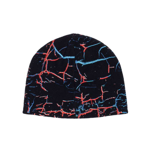A black and blue HOCKEY NIKITA beanie with a red and blue print.