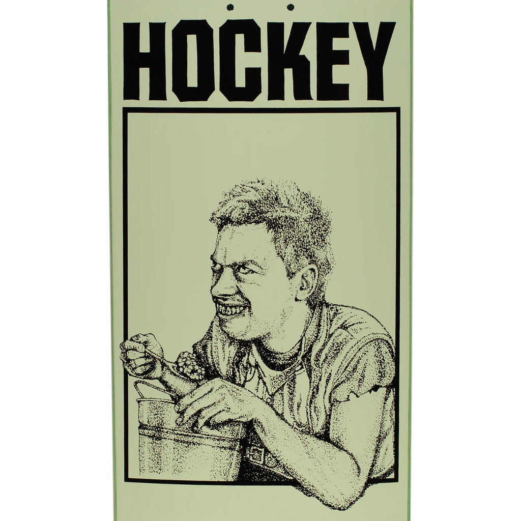 A drawing of a man holding a HOCKEY TODD BUCKET BOY hockey stick.
