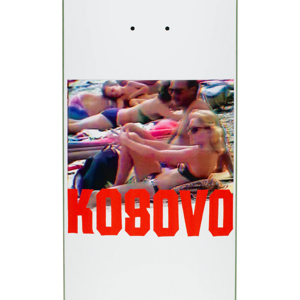 A skateboard with the word HOCKEY KOSOVO WHITE on it.