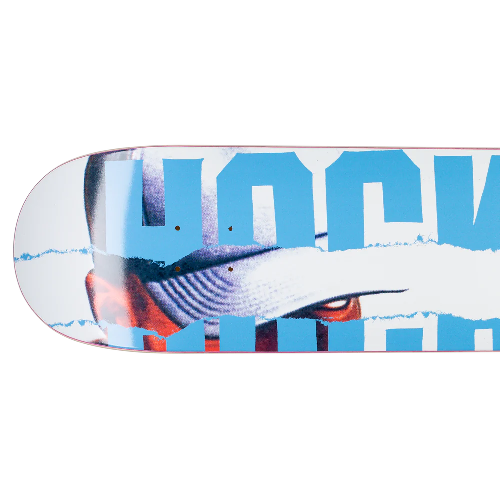 A HOCKEY skateboard with an image of a man wearing a hat.