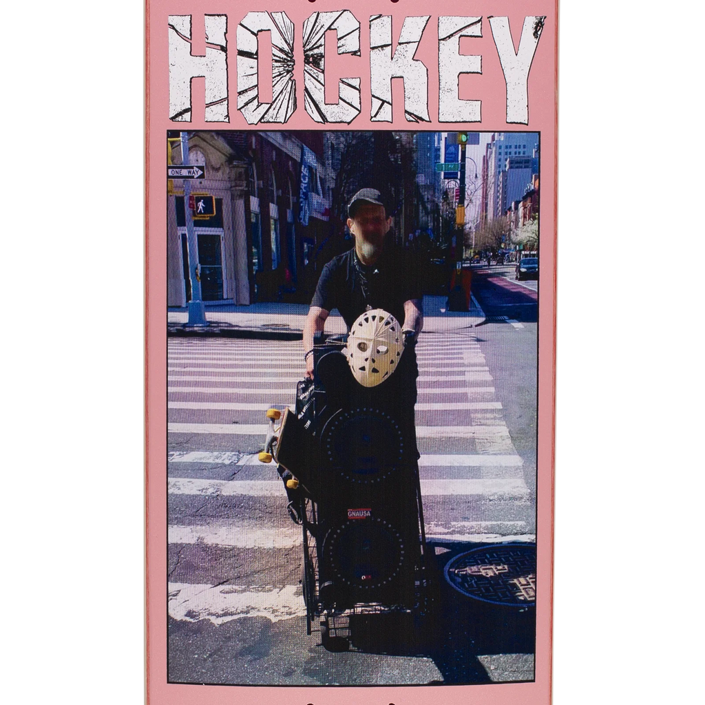 A pink HOCKEY CD with a digital print of a man on a skateboard.