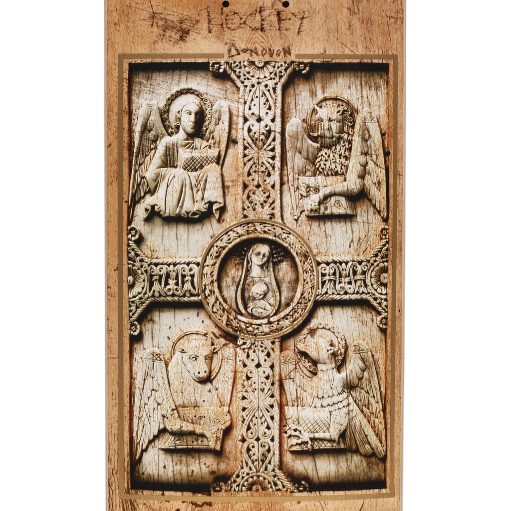 A HOCKEY Donovon Divine Child carved wooden panel with an image of an angel.