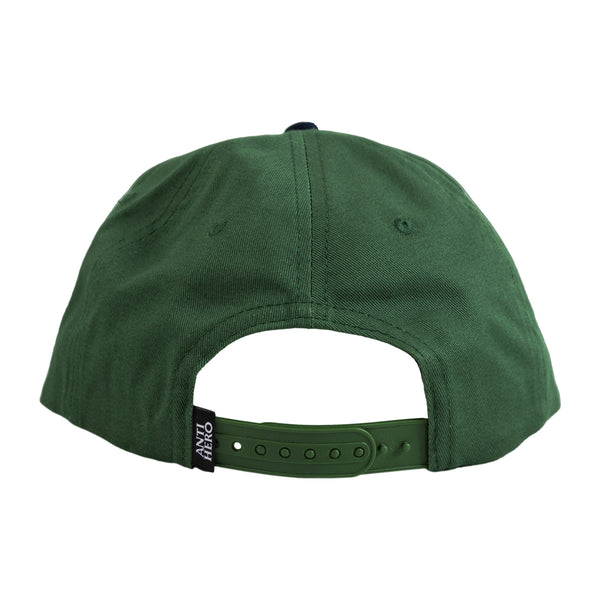 The back of an ANTIHERO LIL PIGEON SNAPBACK FOREST GREEN hat with embroidery.