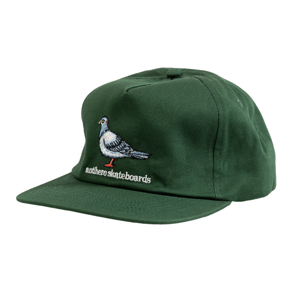 A forest green cotton twill hat with embroidery of a pigeon on it: ANTIHERO Lil Pigeon Snapback Forest Green.