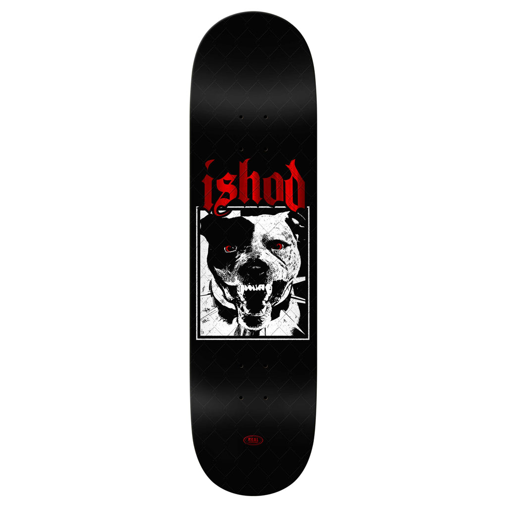 The REAL ISHOD VICIOUS TWIN TAIL by REAL has a black deck with a black and white snarling dog graphic, red eyes, and bold red "ishod" lettering. Built durably, it's ideal for serious skate sessions.