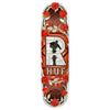 The REAL HUF CATHEDRAL skateboard deck by REAL features Mason Vicious construction, a red roses and patterned background design with a large "R," plus both HUF and REAL logos.
