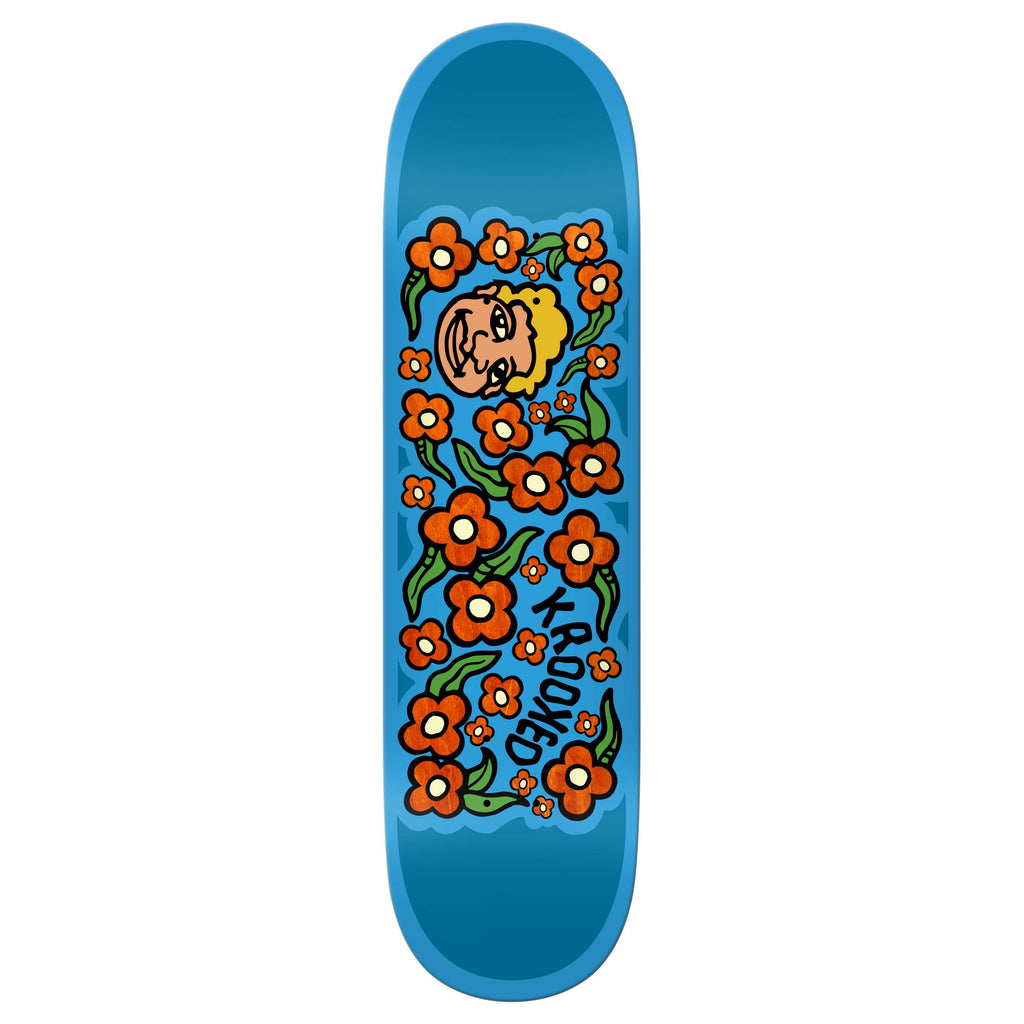 The KROOKED SWEATPANT REDUX BLUE deck features orange flowers, green leaves, a cartoon face, and stylized "KROOKED" text—perfect for fans of the iconic KROOKED brand.