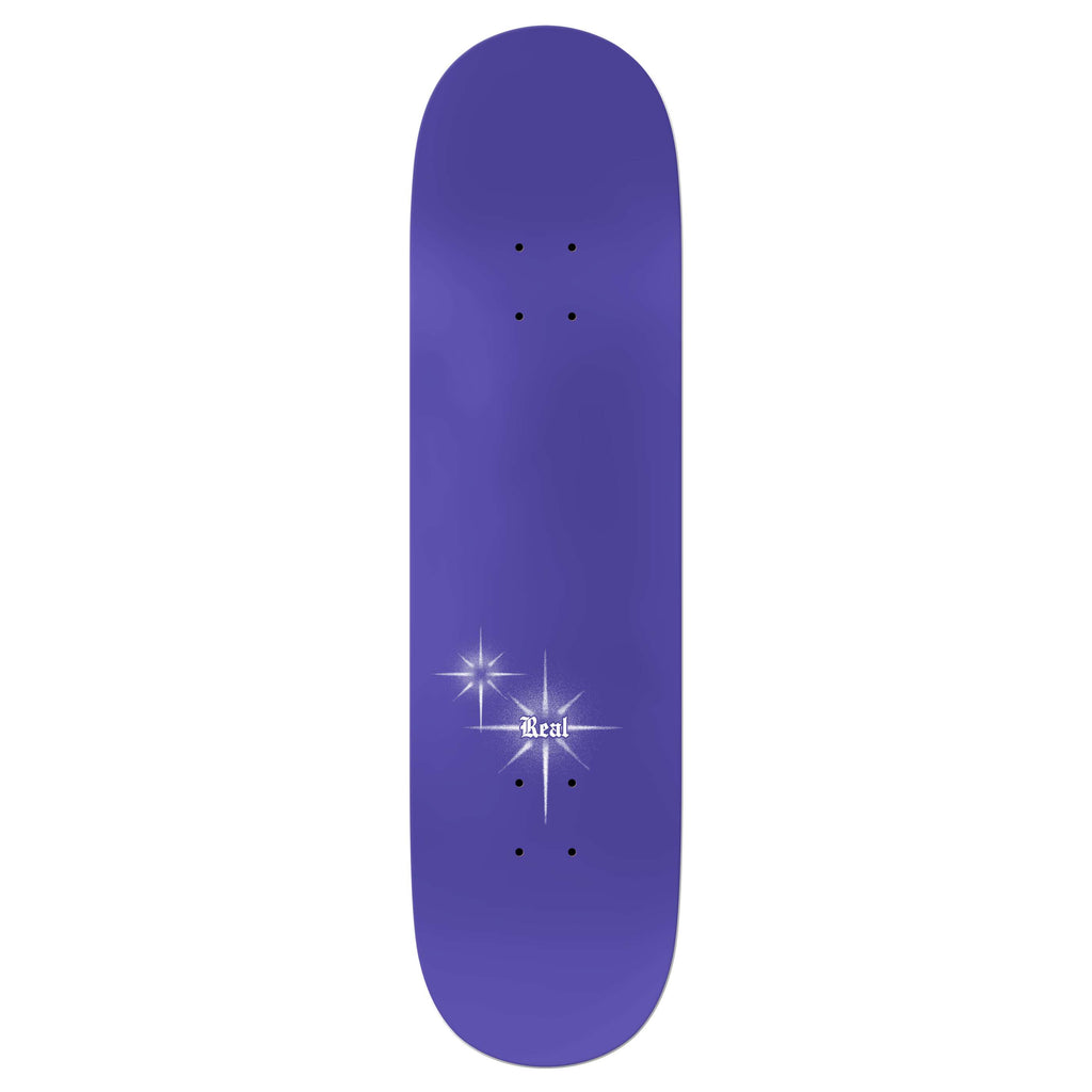 The REAL HAYLEY WILSON CRY LATER TRUE FIT is a purple 8.25" skateboard deck by REAL, featuring two white star graphics and "Real" printed near the lower center, inspired by Hayley Wilson’s style.
