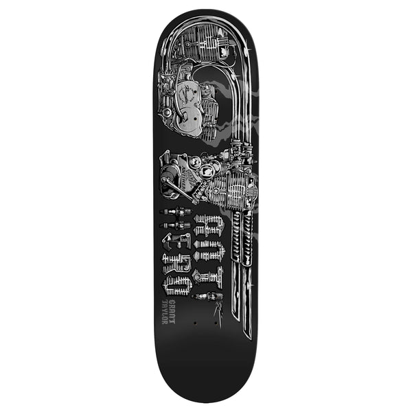 The ANTIHERO GT REVVINGTON BLACK skateboard deck features a grayscale mechanical saxophone design with gears and engine parts. At 8.5", it's a standout from ANTIHERO's GT REVVINGTON series for riders seeking unique style.