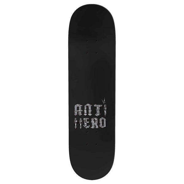 A grey 8.25" ANTIHERO GT REVVINGTON skateboard deck featuring the bold "ANTIHERO" logo in metallic, stylized lettering across the center.