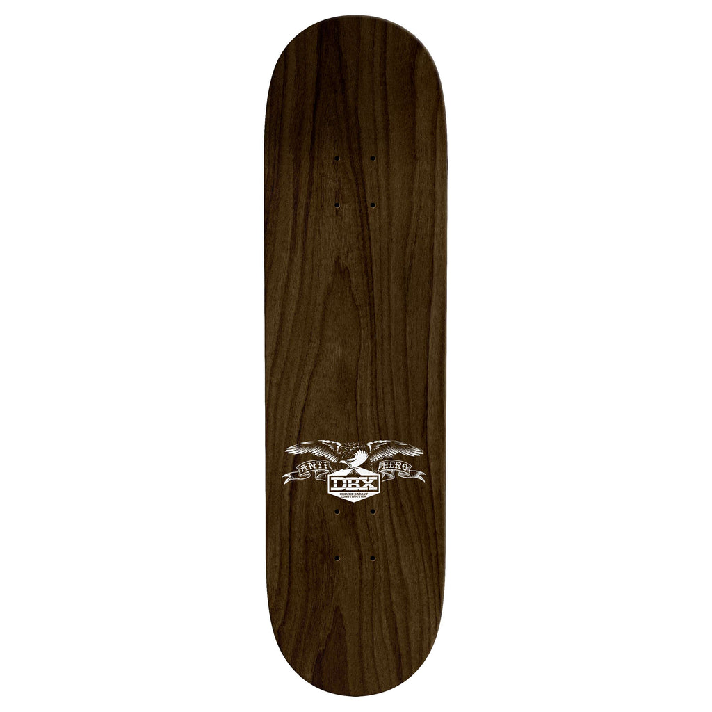 The ANTIHERO DBX EAGLE BLACK skateboard deck showcases the Classic Eagle design with a striking white eagle and text graphic in the center.