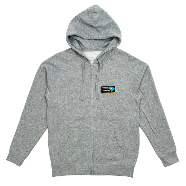 A BLUETILE HEART OF COLUMBIA PATCH ZIP HOODIE GREY with a logo on it. (Brand Name: Bluetile Skateboards)