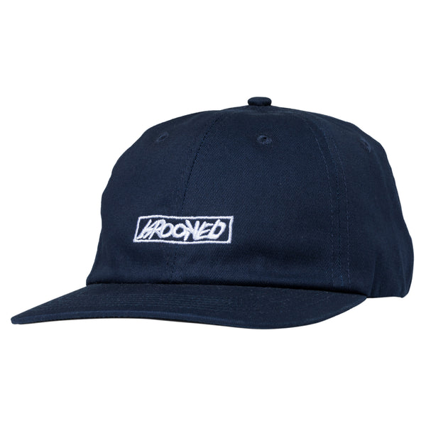 A KROOKED MOONSMILE SCRIPT STRAPBACK NAVY / WHITE cap with a white logo on it.