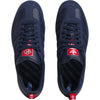 A pair of ADIDAS X ORCHARD SAMBA ADV NIGHT INDIGO / SILVER sneakers with a red logo on the side.